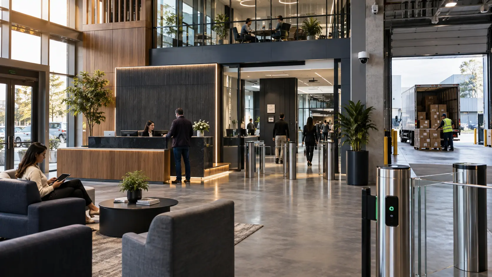 Commercial facility combining a customer lobby, secured employee areas, and active service operations