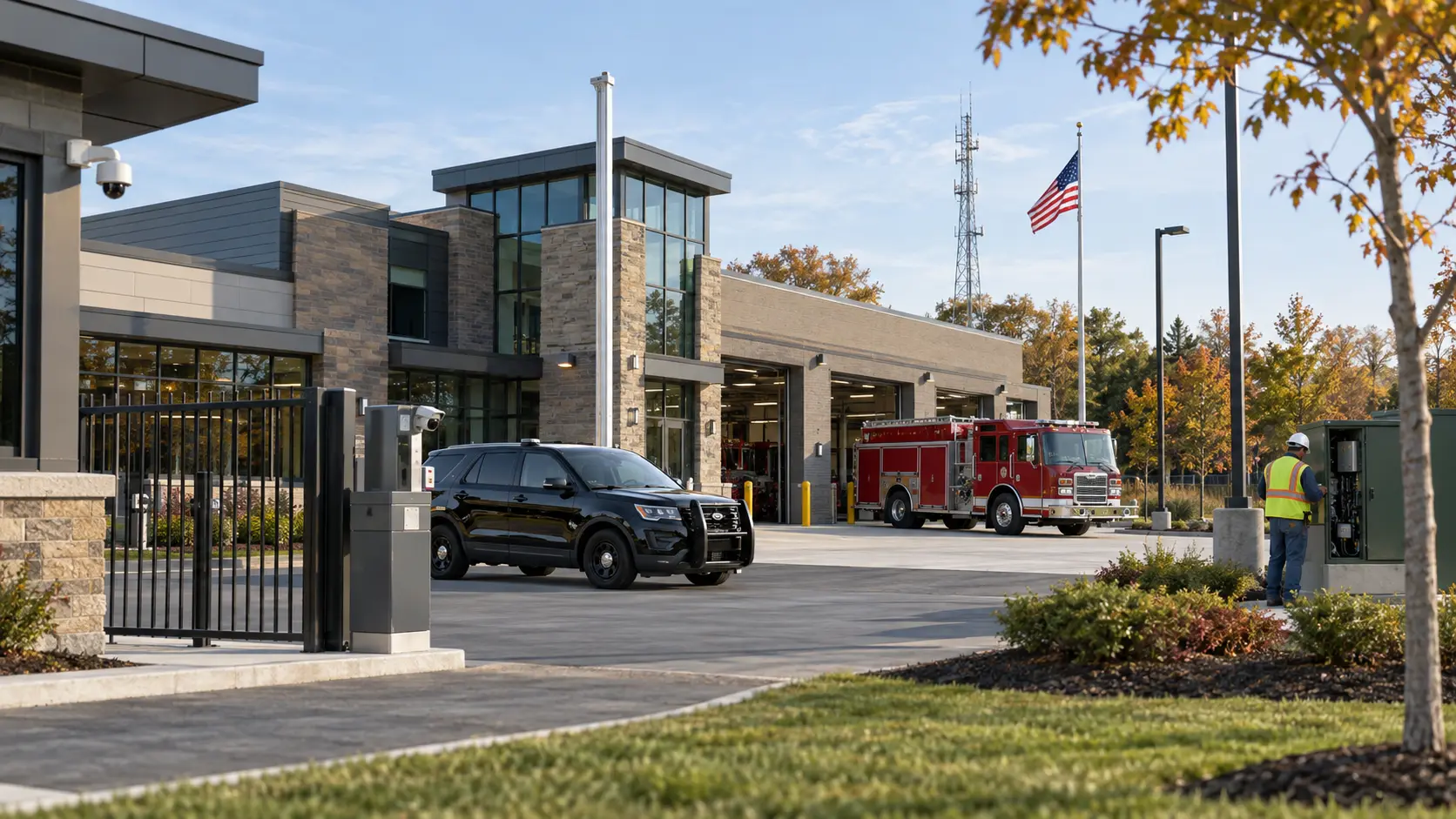 Municipal public safety facility with a police vehicle, fire truck, secured entrance, and public works infrastructure