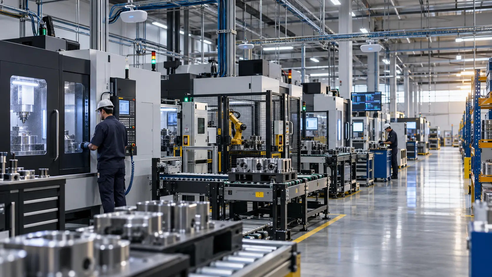 Modern manufacturing floor with connected CNC equipment, organized infrastructure, and technicians