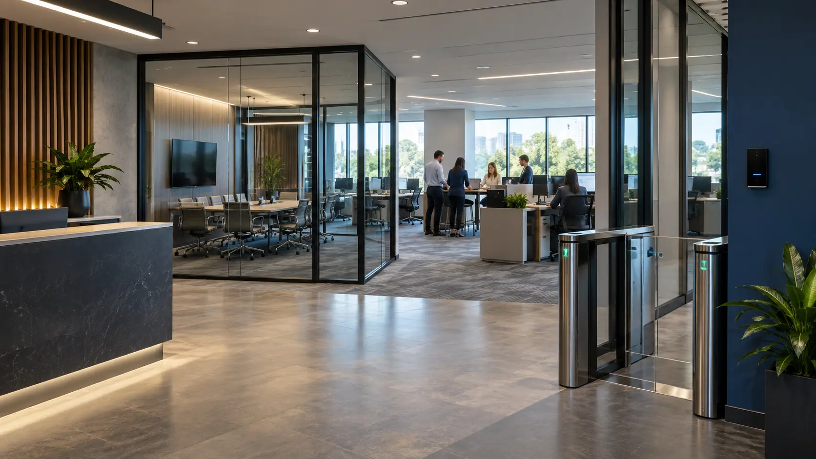Professional office with secure entry, conference space, connected workstations, and collaborating staff
